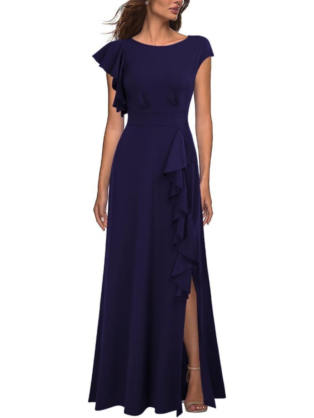Women's Navy Blue Maxi A-Line Long Sexy Split Cocktail Party Formal Dresses